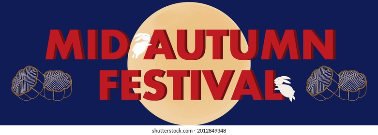 mid autumn festival website banner. The full moon, white rabbits and mooncake with text on dark blue background. Asian culture vector illustration.  Moonlight. 