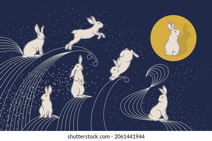 Mid Autumn festival, White Rabbit with Full Moon and Water wave in Retro style. Background Vector Design