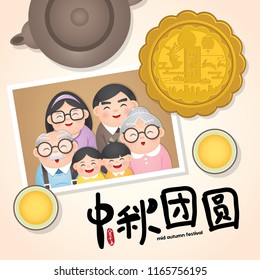 Mid autumn festival or Zhong Qiu Jie illustration with happy family photo, moon cake & tea. Caption: 15th august ; happy mid-autumn reunion 