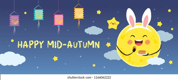 Mid autumn festival or Zhong Qiu Jie banner design. Cute cartoon moon wearing rabbit ear with mooncake & paper lanterns on starry night background. Flat vector illustration.