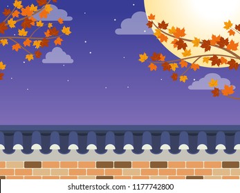 Mid Autumn Festival(Chuseok) - Korean style stone wall fence with  maple tree and full moon on background