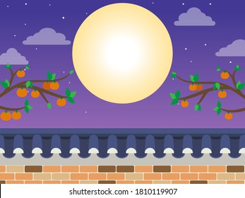 Mid Autumn Festival(Chuseok) - Korean style stone wall fence with  persimmon tree on background
