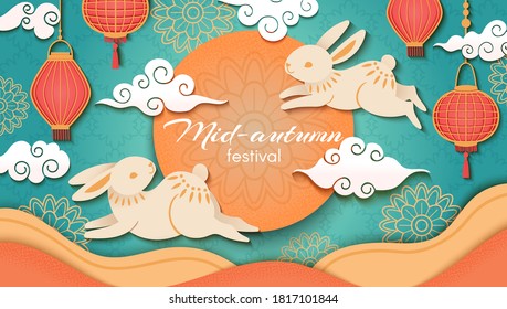 Mid autumn. Happy chinese autumn festival, rabbits and asian flowers and lanterns, moon and clouds, oriental style vector background. Paper cut art or craft greeting card for celebration