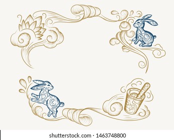 Mid autumn or harvest moon festival background. Sketch of rabbit or bunny, mortar potion, line art decoration for mid-autumn greeting card. Chinese or China, Vietnam holiday.Asian religion celebration