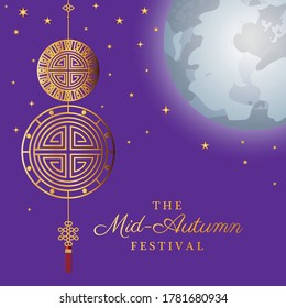 Mid autumn harvest moon festival with gold fortune hanger and stars design, Oriental chinese and celebration theme Vector illustration