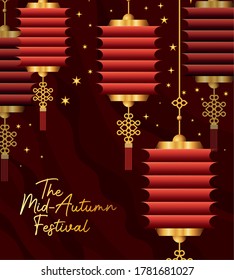 Mid autumn harvest moon festival with red lanterns and stars design, Oriental chinese and celebration theme Vector illustration