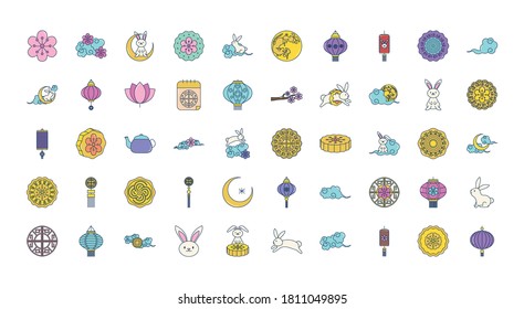 mid autumn icon set over white background, line fill style, vector illustration