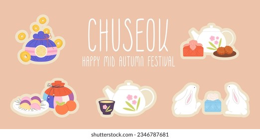 Mid autumn korean festival chuseok stickers. Rabbits, money bag and cookies. Sweet asian festive desserts, tea pot and gift box, vector elements