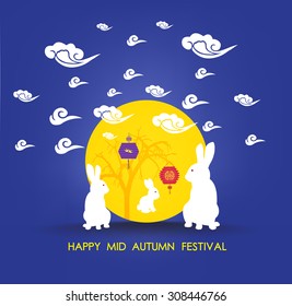 Mid Autumn Lantern Festival. Full moon and rabbit family