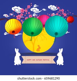Mid Autumn Lantern Festival. Full moon and rabbit family