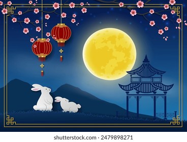 Mid Autumn or Moon Festival, noche de luna llena con conejos lindos en el fondo en la sombra de azul, chino traducir medio Mid Autumn Festival, Ilustración vectorial