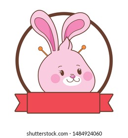 Mid autumn rabbit face with chopsticks cartoon with red ribbon banner round emblem vector illustration graphic design.