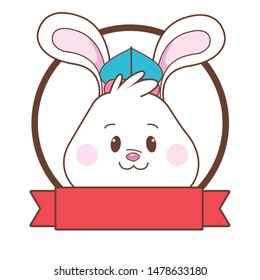 Mid autumn rabbit face with hat cartoon with red ribbon banner round emblem vector illustration graphic design.
