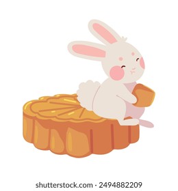 mid autumn rabbit sitting on a giant moon cake isolated