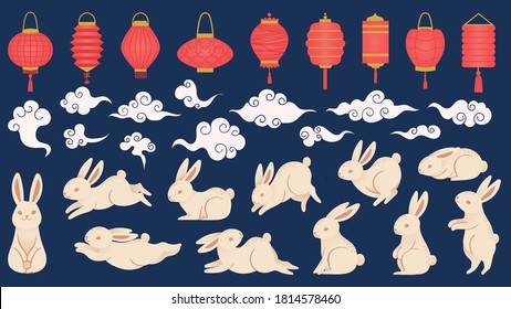 Mid autumn rabbits. Chinese and vietnamese traditional festival elements in oriental style with lanterns, clouds and funny bunny vector set. Illustration chinese rabbit and festival lantern