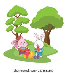 Mid autumn rabbits couple eating mooncake and candies cartoon in the nature background scenery ,vector illustration graphic design.