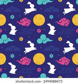 Mid Autumn Seamless Pattern Design with Decorative Elements in Hand Drawn Cartoon Flat Illustration Template