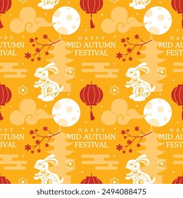 Mid Autumn Seamless Pattern Design with Decorative Elements in Hand Drawn Cartoon Flat Illustration Template