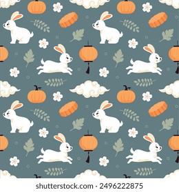 Mid Autumn Seamless Pattern Design with Decorative Elements in Hand Drawn Cartoon Flat Illustration Template