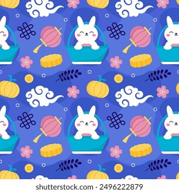 Mid Autumn Seamless Pattern Design with Decorative Elements in Hand Drawn Cartoon Flat Illustration Template