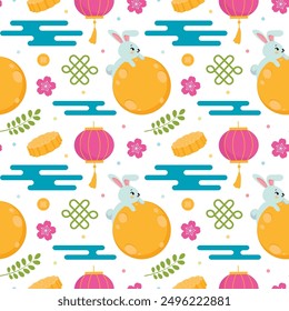 Mid Autumn Seamless Pattern Design with Decorative Elements in Hand Drawn Cartoon Flat Illustration Template