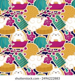 Mid Autumn Seamless Pattern Design with Decorative Elements in Hand Drawn Cartoon Flat Illustration Template