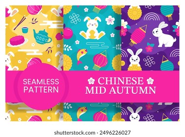 Mid Autumn Seamless Pattern Design with Decorative Elements in Hand Drawn Cartoon Flat Illustration Template
