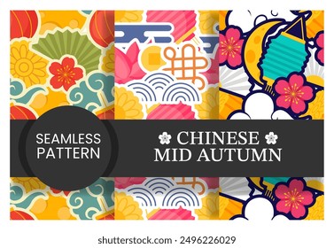 Mid Autumn Seamless Pattern Design with Decorative Elements in Hand Drawn Cartoon Flat Illustration Template