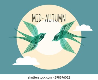 Mid Autumn . Two Birds with Full Moon Background 