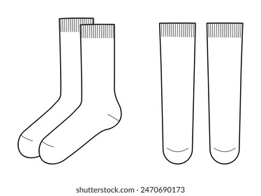 Längeneinstellung für Mid Calf Socks. Mode Strumpfwaren Accessoire Bekleidung technische Illustration Strumpf. Vektorgrafik vorne, Seitenansicht für Herren, Damen, Unisex-Stil, flache Vorlage CAD Mockup Skizze isoliert 