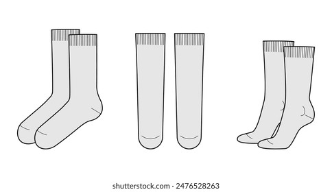 Längeneinstellung für Mid Calf Socks. Mode Strumpfwaren Accessoire Bekleidung technische Illustration Strumpf. Vektorgrafik vorne, Seitenansicht für Herren, Damen, Unisex-Stil, flache Vorlage CAD Mockup Skizze isoliert 