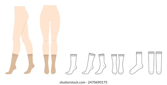 Mid Calf Socks set on women legs and CAD flat template mockup. Hosiery Fashion accessory clothing technical illustration stocking. Vector front, side view, sketch outline isolated on white background