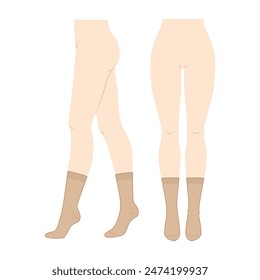 Mid Calf Socks Set on women legs. Hosiery Fashion accessory clothing technical illustration stocking. Vector front, side view, flat template mockup sketch outline isolated on white background 