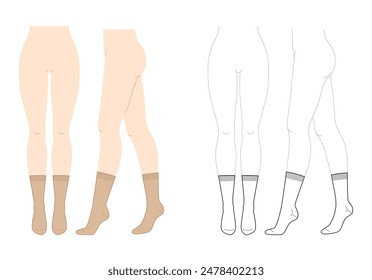 Mid Calf Socks Set auf Damen Beine - natürlich beige und Linie Stil. Strumpfwaren Mode Accessoire Bekleidung technische Illustration Strumpf. Vektorgrafik vorne, Seitenansicht, flache Vorlage Mockup-Skizze isoliert