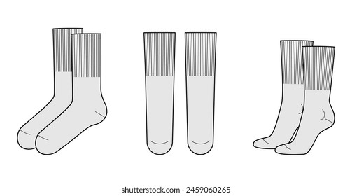 Mid Calf Socks with wide elastic band length set. Fashion hosiery accessory clothing technical illustration stocking. Vector front, side view for Men, women, unisex style, flat template CAD mockup