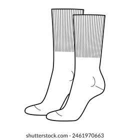 Mid Calf Socken mit breitem Gummiband Frauen formen technische Zeichnung Silhouette. Mode-Accessoire-Bekleidung technische Illustration Strumpf. Vektorgrafik Seitenansicht Stil, flache Vorlage CAD Mockup Skizze