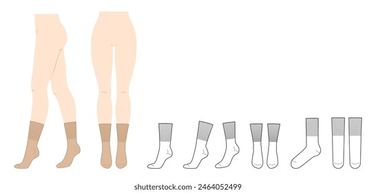 Mid Calf Socks with wide elastic band set on women legs and CAD flat template. Hosiery Fashion accessory clothing technical illustration stocking. Vector front, side view, sketch outline isolated