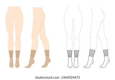 Mid Calf Socks with wide elastic band Set on women legs - natural beige and line style. Hosiery Fashion accessory clothing technical illustration stocking. Vector front side view, flat template mockup