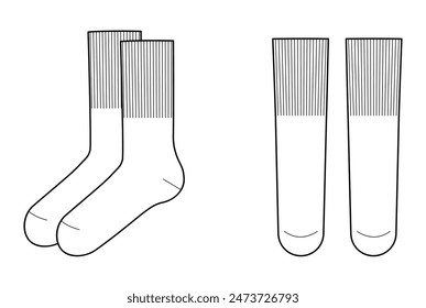 Mid Calf Socks with wide elastic band length set. Fashion hosiery accessory clothing technical illustration. Vector front, side view for Men, women style, flat template mockup sketch outline isolated