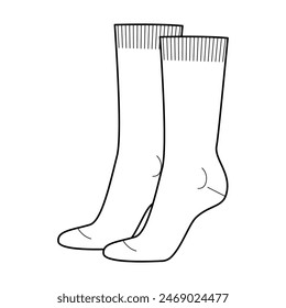 Mid Calf Socks Frauen formen technische Zeichnung Silhouette. Mode-Accessoire-Bekleidung technische Illustration Strumpf. Vektorgrafik Seitenansicht Stil, flache Vorlage CAD Mockup Skizze Umriss auf Weiß isoliert