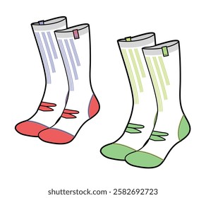 Mid calf socks womens vector design technical flat drawing by adobe illustrator.