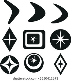 Mid century 9 black and white icons set featuring boomerangs, harlequin diamonds, squares, circles and atomic starbursts. For clip art, stickers and scrapbooking 