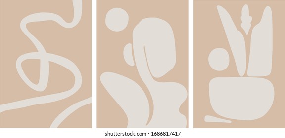 Mid Century Abstract Art Set, Pale Earth Colors, Minimalist Design Vector Illustration