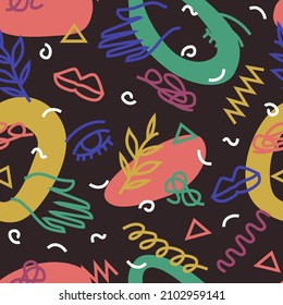 Mid century abstract colorful scribble shapes seamless repeating pattern on black background