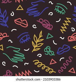 Mid century abstract colorful scribble shapes seamless repeating pattern on black background