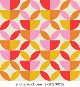 Medio círculo abstracto de mediados de siglo con Formas de hoja circular sin patrón en naranja, amarillo mostaza, rosa y rojo. Para el Fondo de pantalla, la decoración del hogar y los fondos retro 