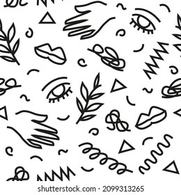Mid century abstract monochrome scribble shapes seamless repeating patterns on white background