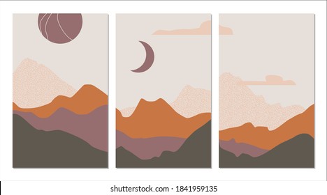 Mid century Abstract mountain landscape with desert, sun, moon in earthy tones, burnt orange and beige. Set of trendy  modern minimalist art print. Nature backgrounds for social media.