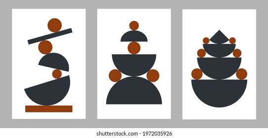 Mid century abstract poster set. Abstract shapes - circle, semicircle. Retro style design posters or wall art. Minimalist aesthetic art. Vector illustration.
