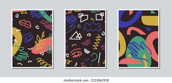 Mid century abstract scribble shapes vivid compositions set. Funky contemporary collage arrangement.